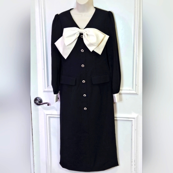 Magic Boutique Black/Cream Front Button Dress w/Trim Bow at Chest,Medium,NWT - Picture 2 of 16